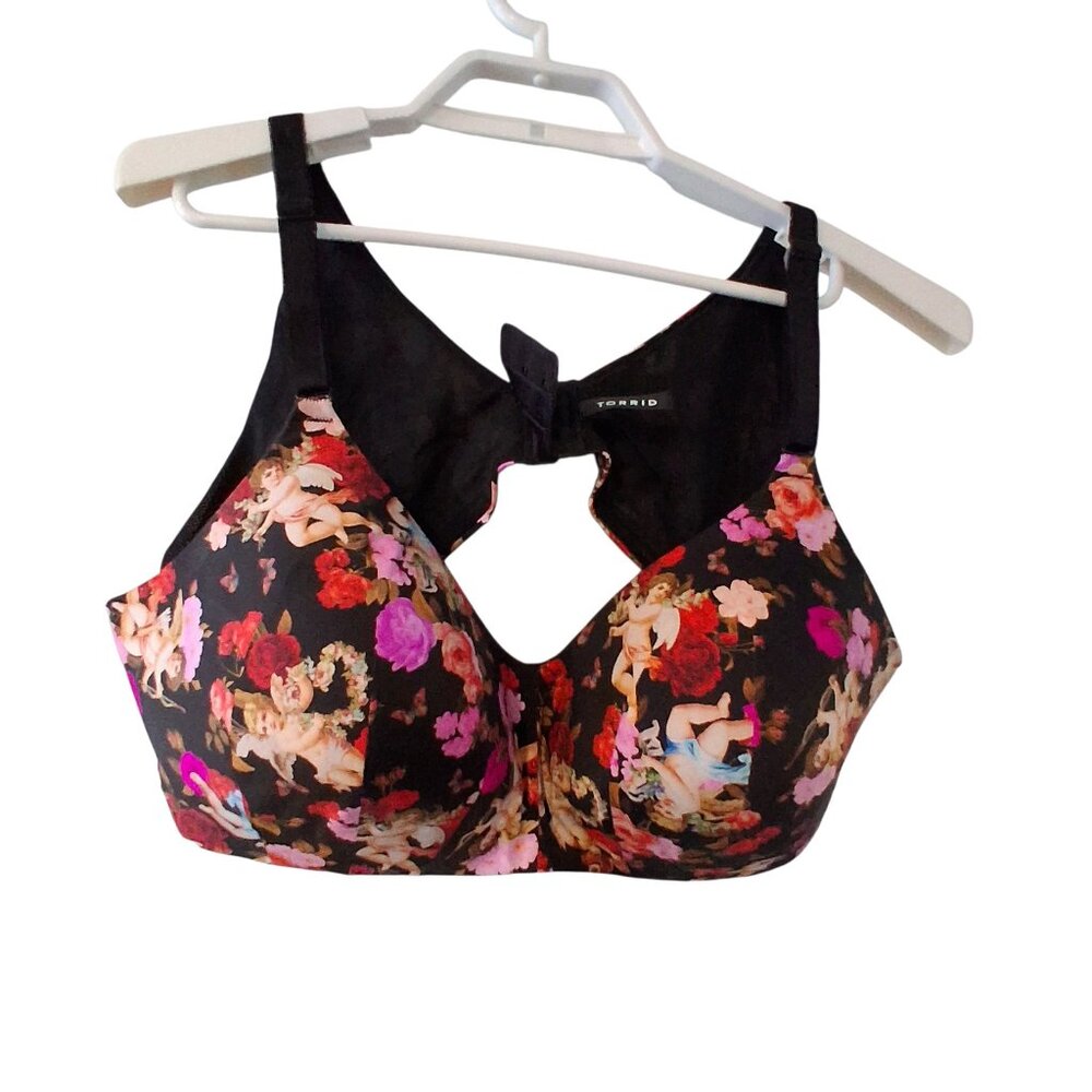 Torrid Dream Wire free lightly lined bra womens 44C 44 C black Angels roses